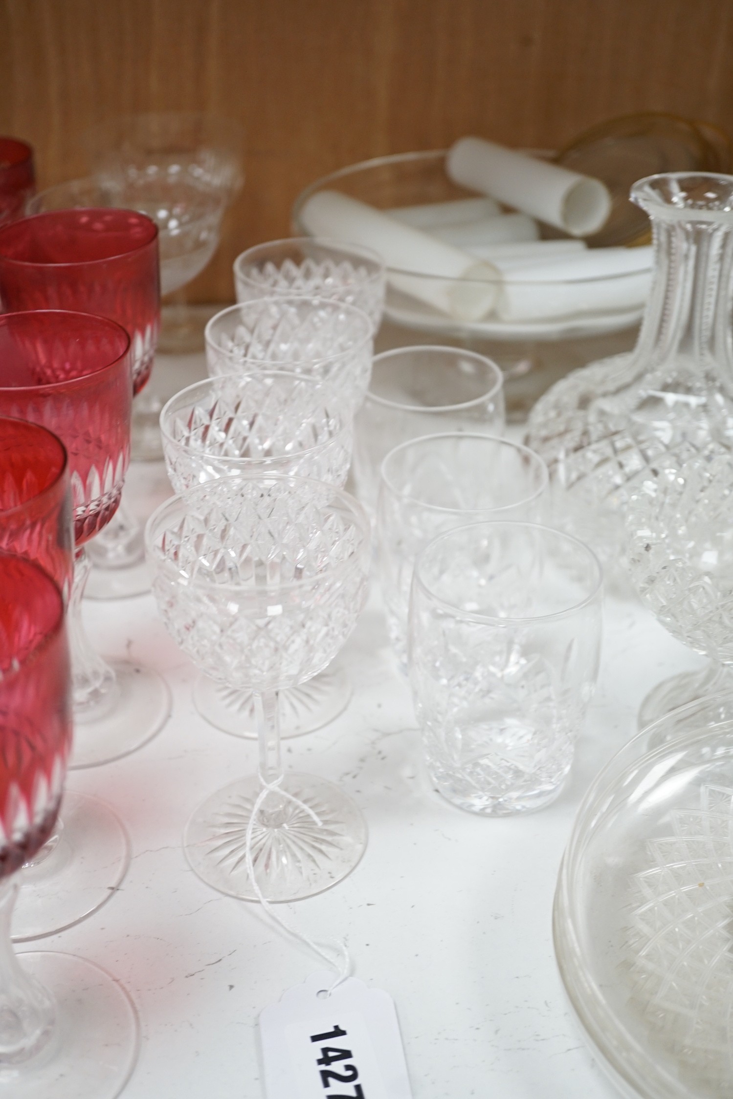 A set of cranberry flashed cut glass wine glasses, four others and collection of mixed cut glass